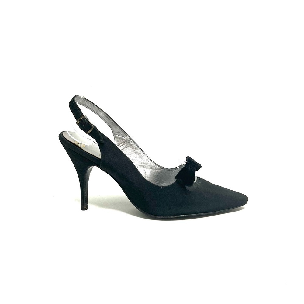 Vintage 1950s black fabric pointed toe formal slingback bow heels